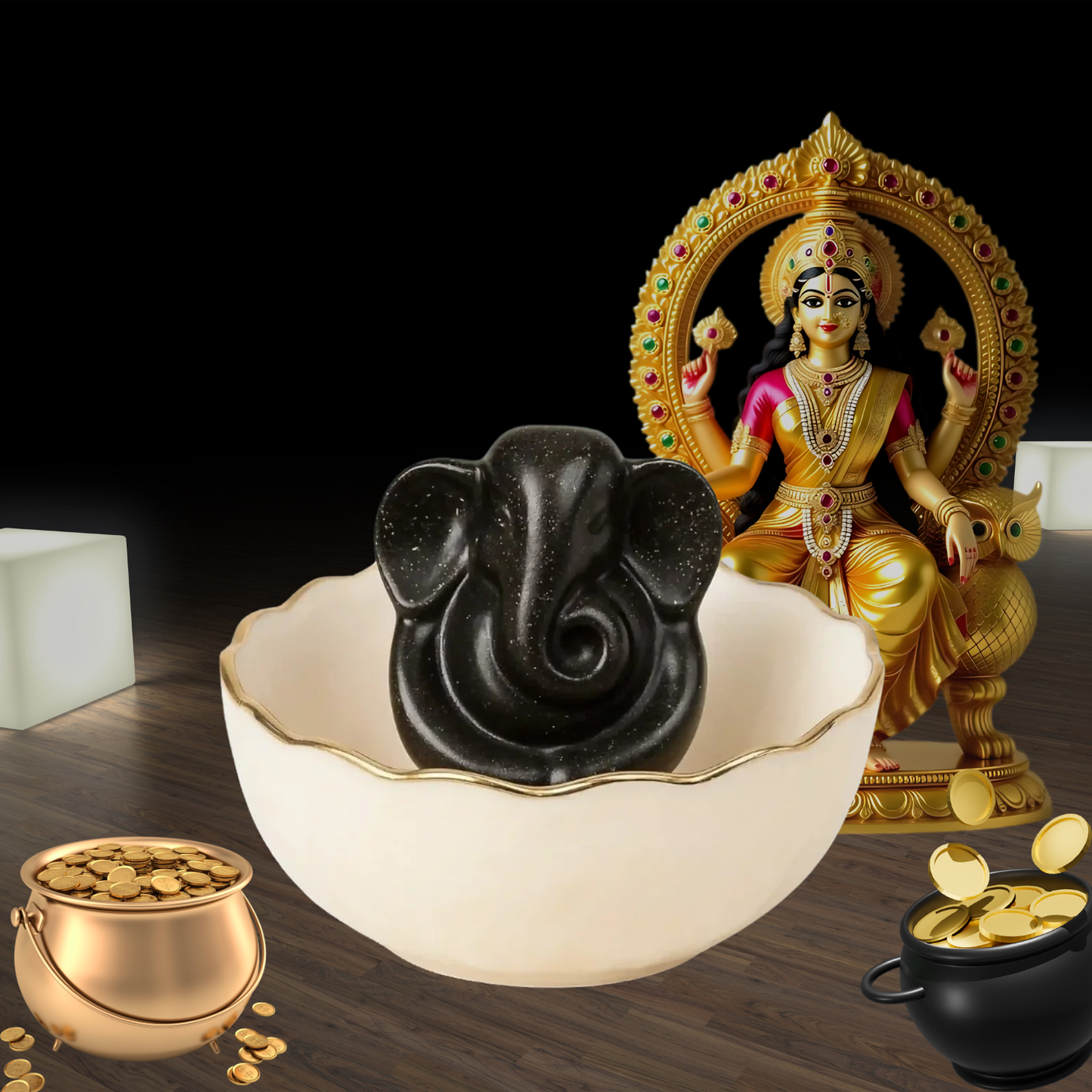 Selenite Money Bowl with Pyrite Ganesh Ji Idol
