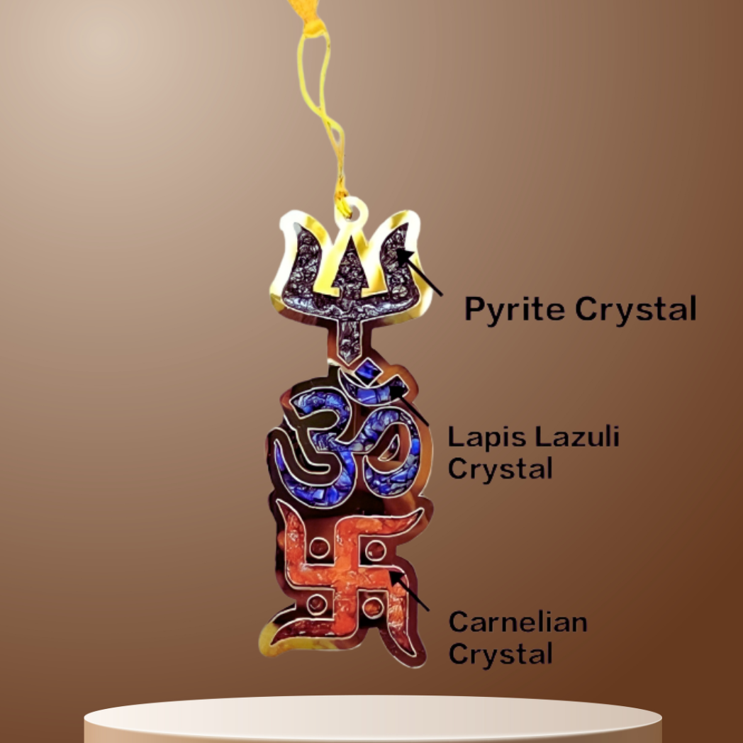Trishakti Yantra Trishul OM and Swastik with Natural Crystals