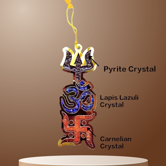 Trishakti Yantra Trishul OM and Swastik with Natural Crystals
