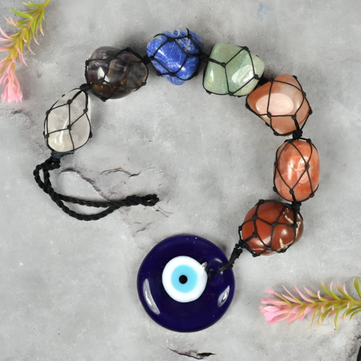 Natural 7 Chakra Tumble Stone Hanging with Evil Eye